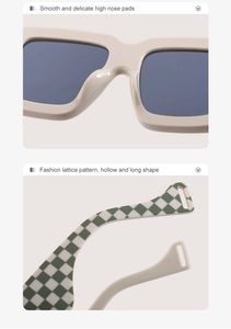 Détail des lunettes de soleil à monture large avec branches à damier et plaquettes intégrées