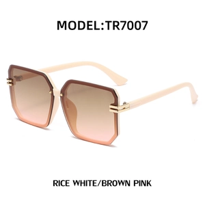 Chic oversized geometric rimless sunglasses in rice white with brown pink gradient lenses