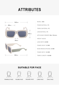 Tableau des tailles détaillé pour lunettes de soleil larges crème avec dimensions PC