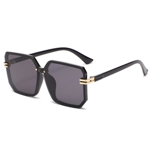 Fashion oversized square rimless sunglasses in black with elegant gold metal hinge details