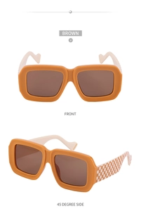 Détail des lunettes de soleil marron avec motif damier sur la branche du cadre