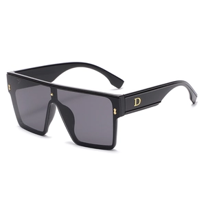Oversized square sunglasses with flat top black frame and gold D logo on temples
