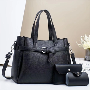 Contrast Color Litchi Texture Tote Handbag And Long Wallet With Small Round Pouch Faux Leather Crossbody Bag Women Fashion