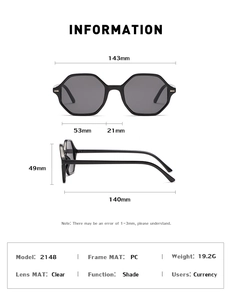 Detailed size chart for black hexagonal PC sunglasses showing 143mm width and 49mm height