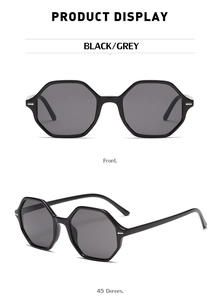 Front and side view of octagonal black sunglasses with grey lenses and metal details