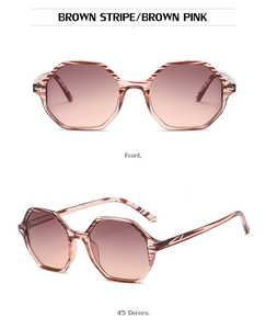 Brown stripe octagonal sunglasses with brown pink gradient lenses in dual view
