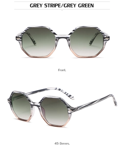 Front and side view of geometric octagon sunglasses in grey stripe with green gradient lenses