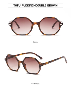 Detail view of double brown irregular polygon sunglasses with tortoiseshell texture