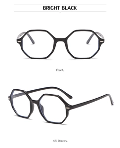 Front and side view of bright black polygon irregular sunglasses frames in high quality