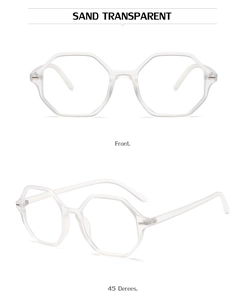 Detailed front and side views of sand transparent polygonal sunglasses frame