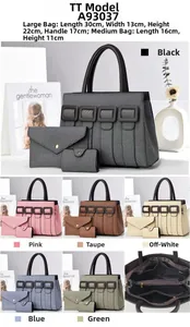 Detailed view showing the 3-piece bag set with dimensions and multiple color options