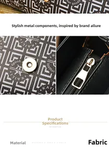 Gros plan sur la boucle magnétique dorée et le zip métallique du sac en tissu imprimé