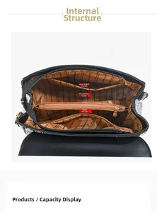 Vue détaillée de l'intérieur du grand sac à bandoulière avec doublure à rayures et poches