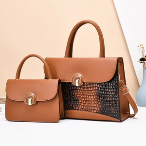 Two-piece brown crocodile pattern handbag set with horseshoe buckle and shoulder strap