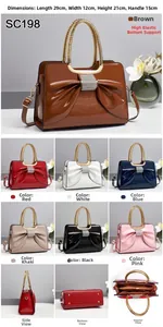 Detailed size chart for patent leather crossbody bag with bow and rhinestone buckle