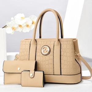 Beige crocodile embossed handbag set with 3-piece tote and metallic circular logo