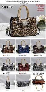 Detail view of leopard print handbag with bow and diamond accents, size 29x12x21cm