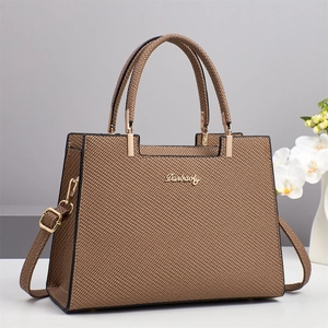 Brown woven texture handbag with gold hardware and dual top handles for women