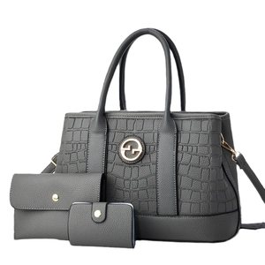 Dark grey 3-piece handbag set with textured leather, including tote and wallets