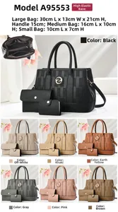 Detailed size specifications for the three-piece faux leather tote bag set in multiple colors