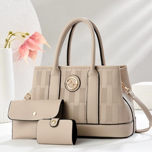 Beige luxury 3-piece handbag set with embossed lychee texture and gold logo