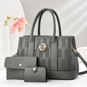 Luxury 3-piece grey tote bag set with textured panels and golden metal logo detail