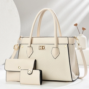 Beige 3-piece luxury handbag set with woven texture and gold hardware details