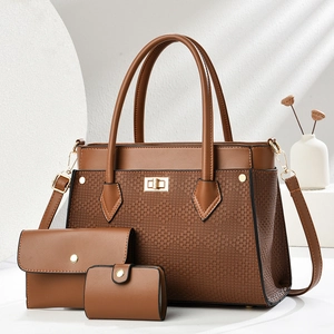 Three-piece brown luxury handbag set with embossed woven texture and gold hardware