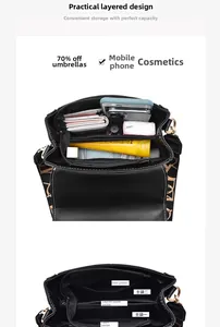 Internal structure of black leather shoulder bag showing compartments and large capacity