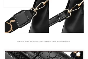 Detail of embossed texture and gold hardware connection on black crossbody bag