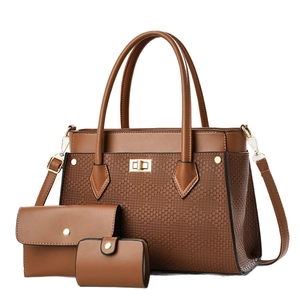 3-piece brown leather handbag set with woven texture and gold twist lock closure