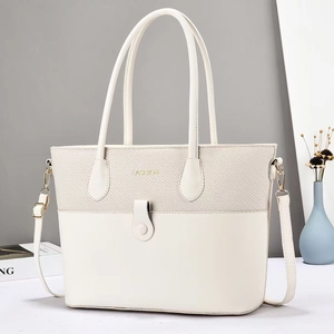 Grand sac fourre-tout beige minimaliste en matières mixtes avec détails dorés