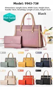 Detail view of large tote and envelope wallet set in seven contrast colors with dimensions