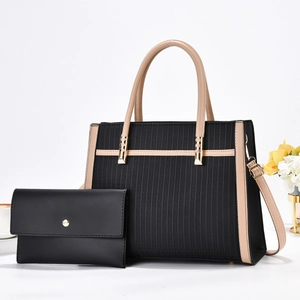 Geometric Embossed PU Leather Tote Handbag And Wallet Trendy Contrast Color Large Capacity Daily Office Shoulder Bag For Women