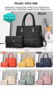 Size chart showing large tote and small pouch dimensions with color options and metal rivets