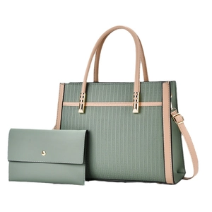 Sage green striped tote bag and purse set with beige handles and gold hardware accents