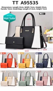 Detail of color-block tote bag set with dimensions showing large and small pouch