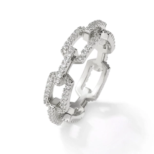 Silver chain link ring with micro-paved cubic zirconia in a minimalist modern style