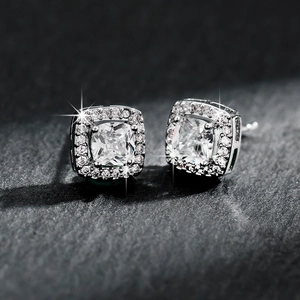 Square halo stud earrings with large central cubic zirconia and silver-plated finish