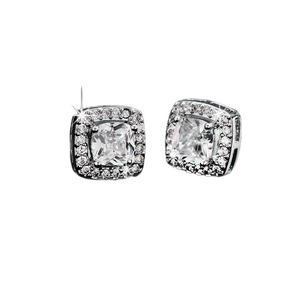 Sparkling square halo stud earrings with cubic zirconia in silver tone for women