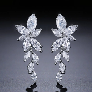 Elegant silver long drop floral earrings with zircon petals and trailing leaf design