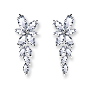 Elegant silver flower earrings with marquise-cut cubic zirconia and tassel leaf drops