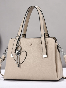 Structured Handbag For Women Lychee Texture PU Leather With Heart Charm Key Pendant Dual Handle Shoulder Strap Versatile