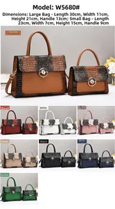 Detail view of crocodile pattern tote set with dimensions and various color options