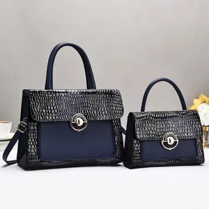 Deep blue crocodile pattern tote bag set with golden metal lock and shoulder strap