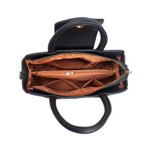 Internal view of crocodile pattern bag showing multi-compartment lining and gold zipper