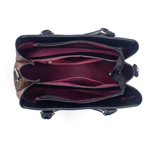 Top view of large tote bag showing burgundy multi-compartment interior and leopard side detail