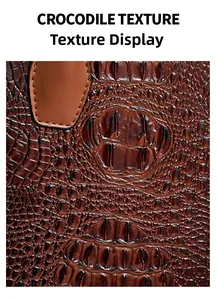 Detail of premium brown tote bag featuring embossed crocodile texture and fine stitching