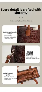 Detail of lizard-textured leather bag showing reinforced handles and polished hardware