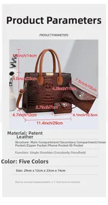 Three-piece tote bag set in brown lizard texture with precise dimensions and sizes